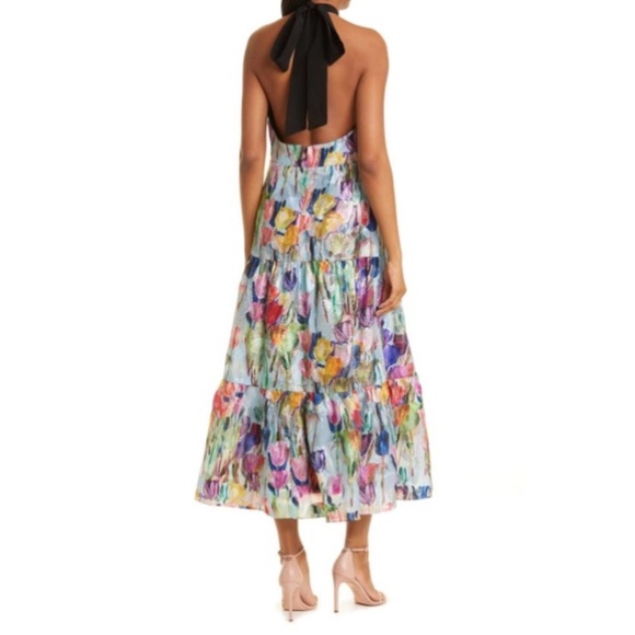 MILLY Hayden Metallic Tulip Halter Dress | Blue Multi | Size 4 - Picture 2 of 6